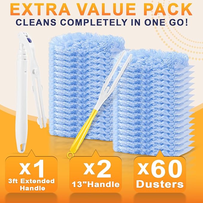 60-Pack Heavy Duty Duster Refills Compatible with Swiffer, 3FT Extendable Handle, 5X Multi-Surface Microfiber Duster for Home, Fans, Blinds, Vents & Car Cleaning