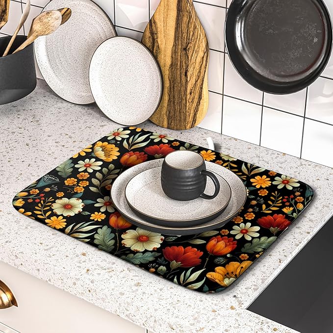 Vintage Boho Floral Dish Drying Mat for Kitchen Counter,Yellow Beige Black Spring Flower Drying Mat 16 x18 Inch with Absorbent Reversible Microfiber Drying Pad for Coffee Bar