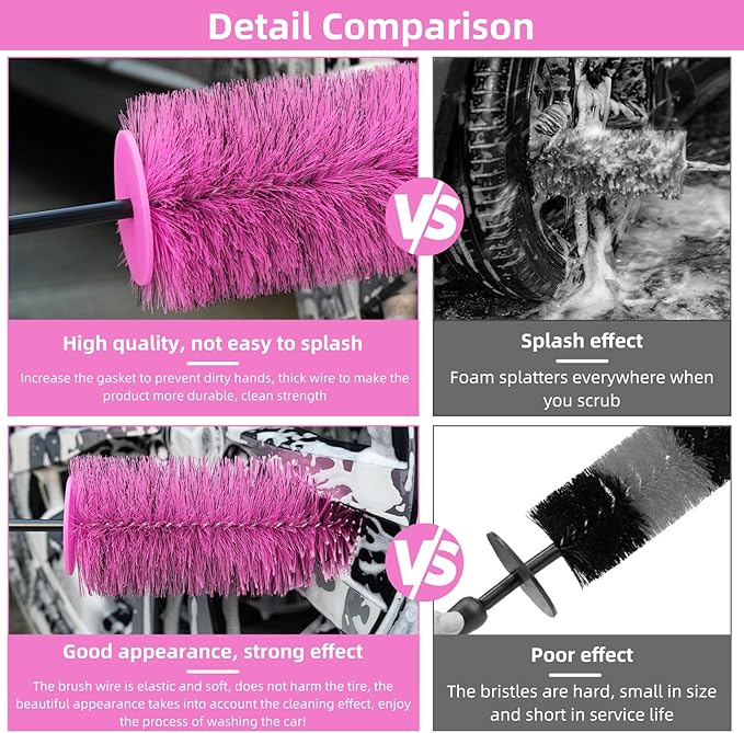 Wheel Cleaning Brush Hub Clean Tool and Rim Detailing Brush with Soft Bristles,Safe On All Wheel Types,Multipurpose Use for Wheels,Rims,Exhaust Tips,Car,Motorcycles,Truck (Pink)