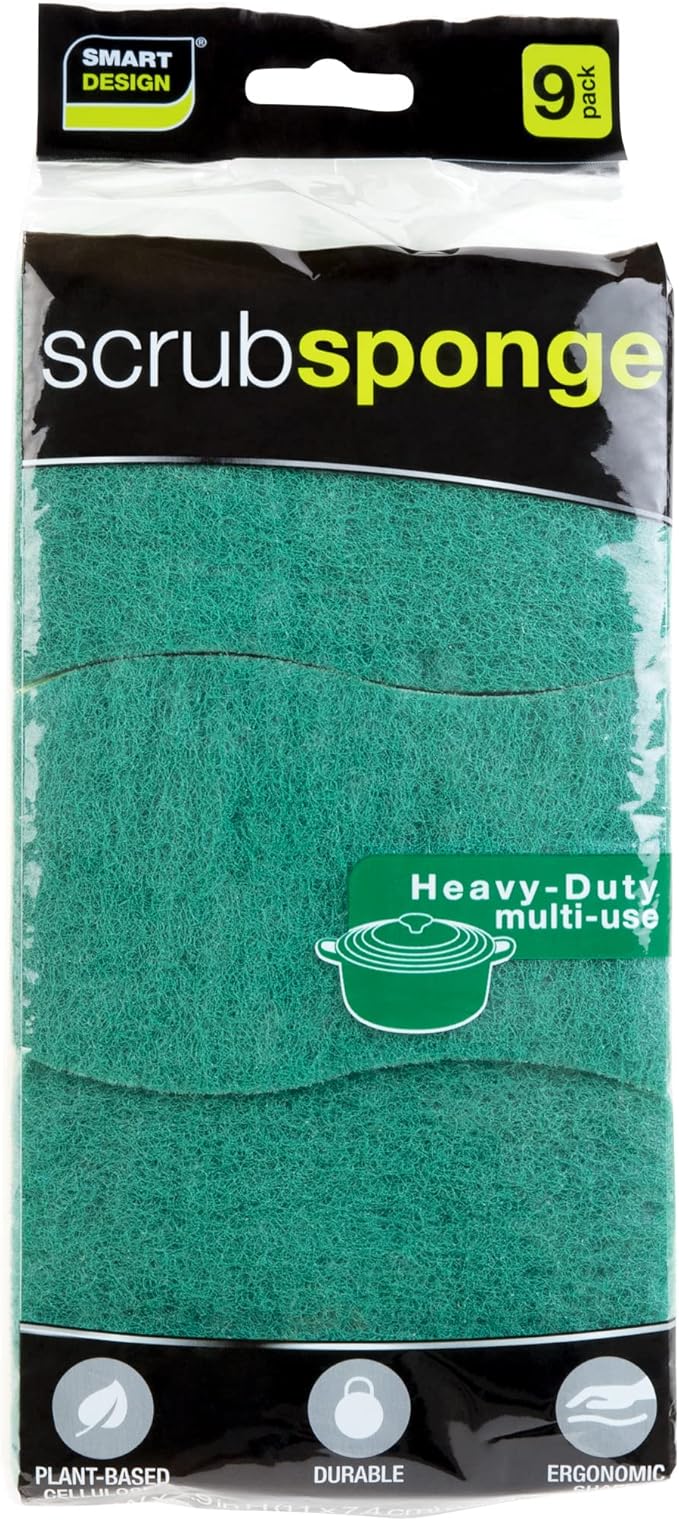 Smart Design Heavy Duty Cellulose Smart Scrub Sponge - Set of 9 - Ultra Absorbent - Ergonomic Shape - - Cleaning, Dishes, & Hard Stains - Green