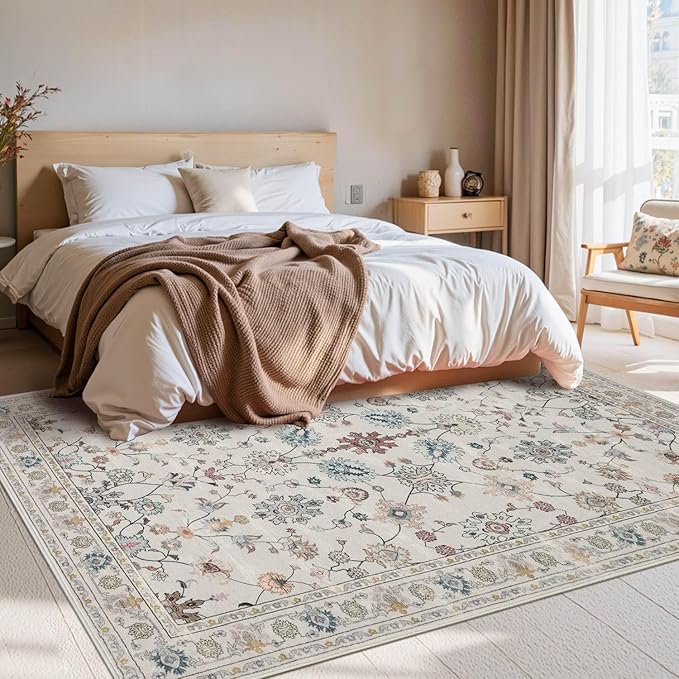 Floral Rug for Living Room Bedroom, 4x6 Washable Rug, Vintage Boho Area Rug, Large Non Slip Low Pile Wool Carpet for Indoor Dining Room,Girls Room,Nursery Room and Kids Room(Ivory Green 4x6ft)