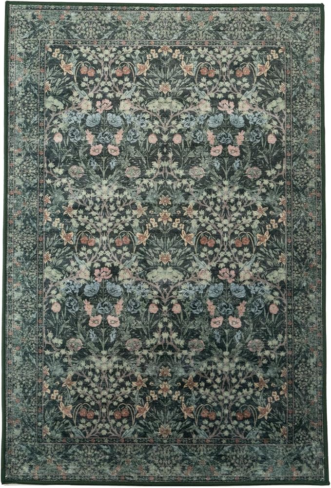 5x7 Washable Rug Vintage Floral Green Area Rug Non Slip Low Pile Large Rugs for Living Room, Bedroom, Farmhouse, Dining Room, Kids Playroom