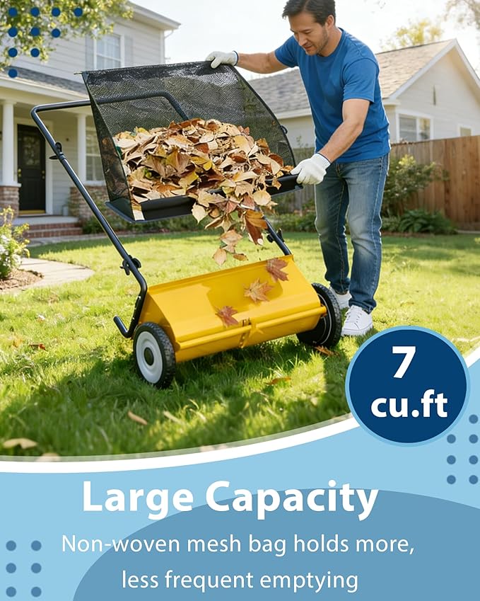 Push Lawn Sweeper, 26 Inch Extra-Wide 4-Brush System, 7 cu.ft. Mesh Bag, Heavy Duty Steel Frame, Height-Adjustable Yard & Garden Cleaner for Leaves and Grass, Yellow