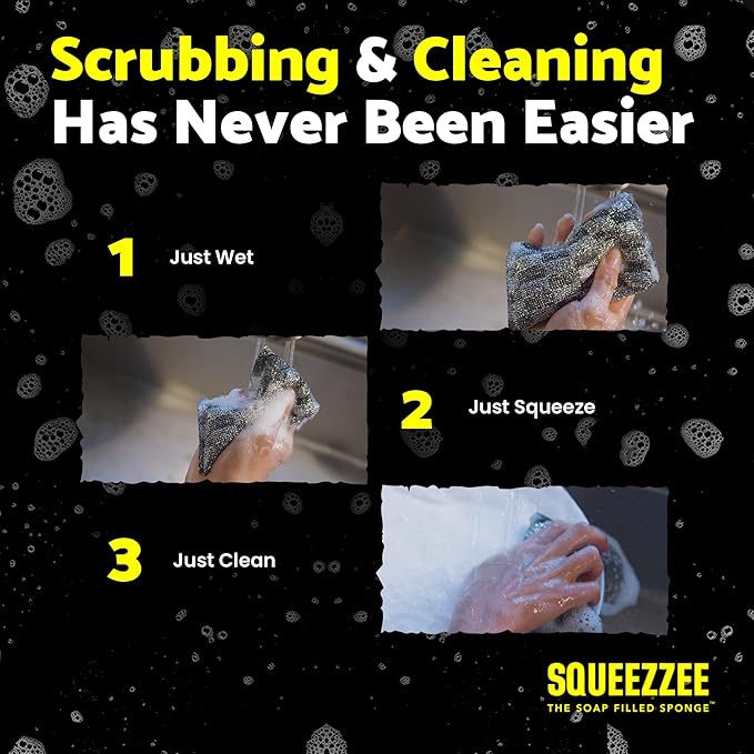 Squeezzee Soap Filled Scrubber Sponges - Non Scratch Scrubbing Sponge with Built-In Dishwashing Liquid Dish Soap - Double Sided Kitchen & Household Cleaning Scrubbers - Up to 300 Washes Per Sponge - 6