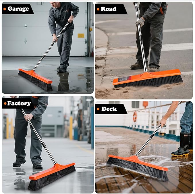 MASTERTOP 24" Push Broom Outdoor, Heavy Duty Garden Brush Broom with 58" Long Handle and Stiff Bristles,Commercial Outdoor Broom for Deck Driveway Garage Yard Patio Warehouse Concrete Floor Cleaning