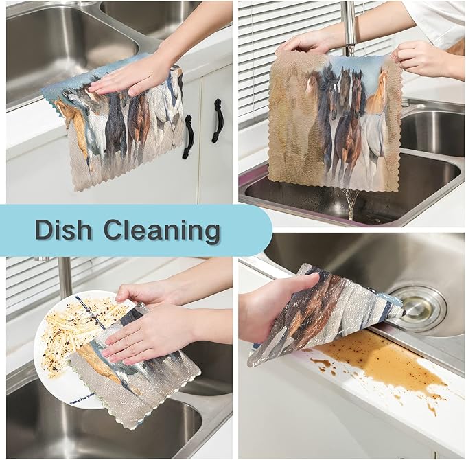 ALAZA Dish Towels Kitchen Cleaning Cloths Running Horse Dish Cloths Super Absorbent Kitchen Towels Lint Free Bar Tea Soft Towel Kitchen Accessories Set of 6,11"x11"
