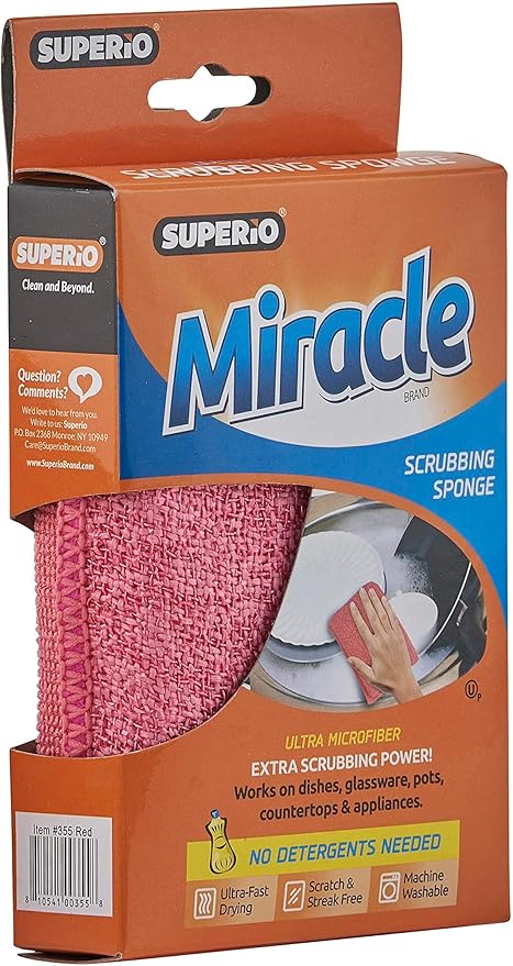 Miracle Microfiber Scrubbing Sponge, Red Extra Scrubbing Power Kitchen Sponge, Sink, Pot, Pan and Dish Washing, Super Absorbent and Rapid Drying, 3-Pack, by Superio