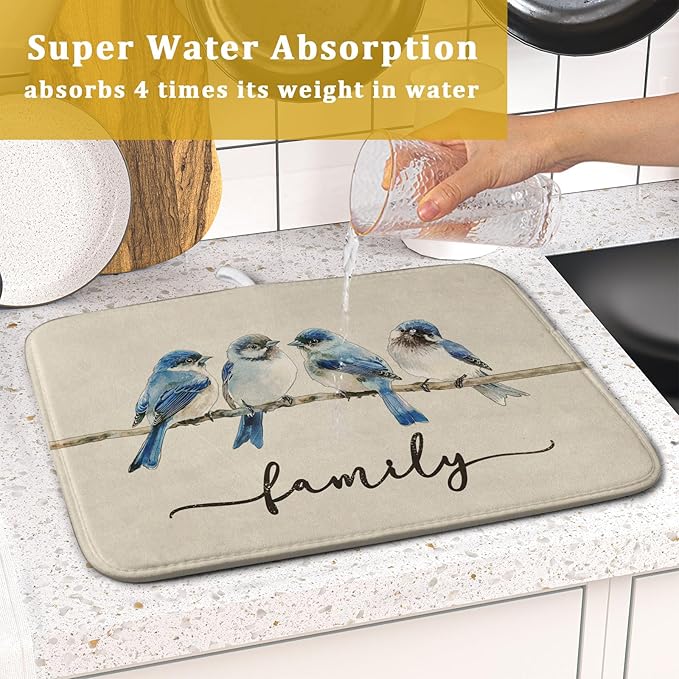 Home Blue Bird Family Dish Drying Mat for Kitchen Counter,Spring Summer Drying Mat 16 x 18 Inch with Absorbent Reversible Microfiber Drying Pad for Coffee Bar