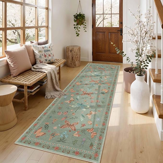 2x6 Floral Runner Rug, Washable Runners for Hallways, Green Vintage Boho Kitchen Rugs, Non Slip Hallway Runner Carpet for Indoor Hallway, Kitchen, Laundry Room and Bathroom