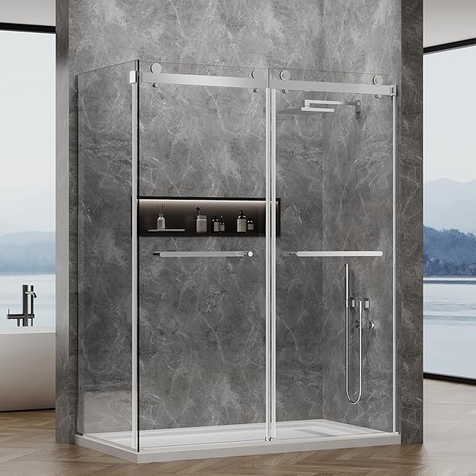 60x76 in Frameless Double Sliding Shower Door with 32x76 in Side Panel, Nano Glass, 304 Stainless Steel in Bright Chrome, L-Shape Design, Reversible Install