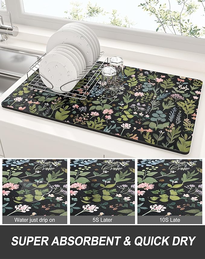 Rnivvi Dish Drying Mat for Kitchen Counter, XL 15 x 24" Cute Flower Theme Super Absorbent Drainer Pad, Non-Slip Heat Resistant Coffee Bar Mat for Coffee Machine Station Accessories,Black Dish Rack Pad