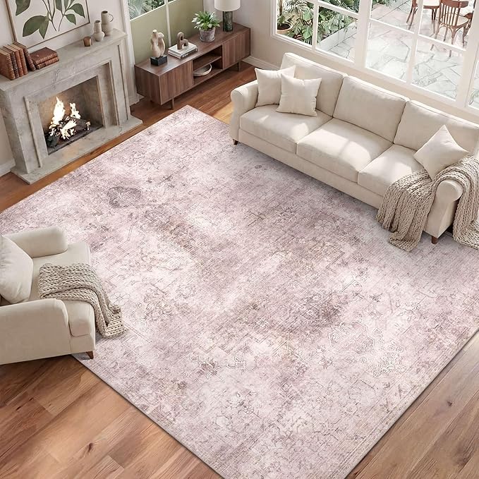 Vintage 8x10 Living Room Pink Rugs, Washable Large Area Rugs for Girls Bedroom, Dining Room, Kitchen, Non Slip Low Pile Soft Floor Cute Carpets for Kids Nursery, Classroom, Farmhouse, Office