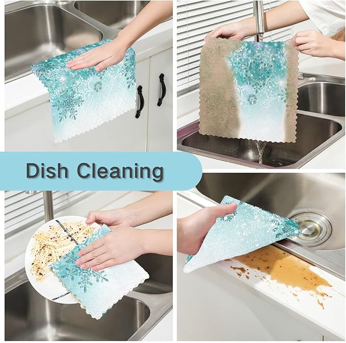 ALAZA Dish Towels Kitchen Cleaning Cloths Silver Winter Teal Turquoise Snowflakes Christmas Dish Cloths Absorbent Kitchen Towels Lint Free Bar Tea Soft Towel Kitchen Accessories Set of 6,11"x11"