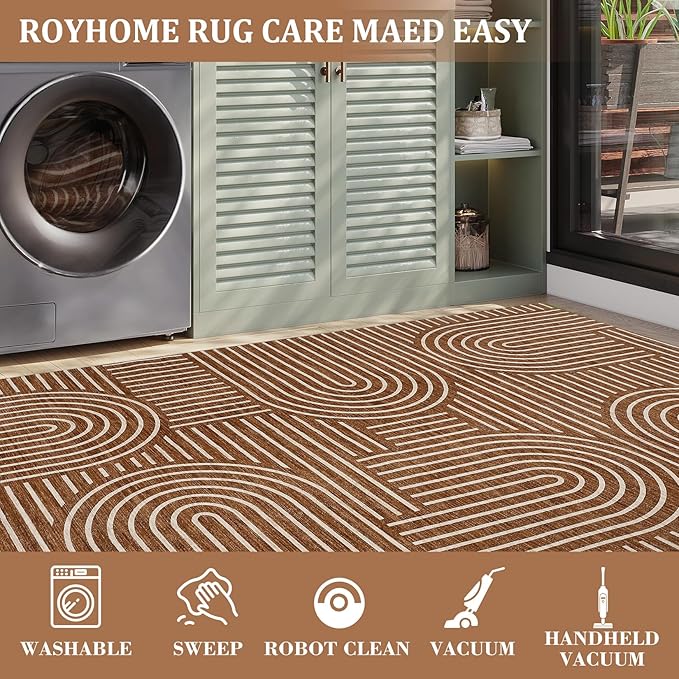 Washable Rug 6x9 Area Rugs for Living Room, Abstract Rug for Bedroom, Soft Rainbow Non Slip Throw Rugs with Rubber Back, Low Pile Stain Resistant Boho Geometric Carpet for Dining Room, Copper