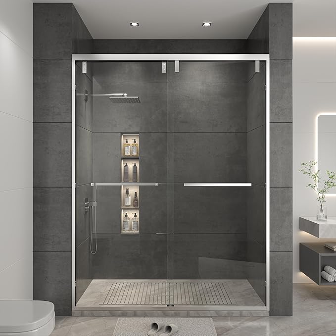 RFN 50-54" W x 76" H Framed Bypass Double Sliding Shower Door, 1/4" (6 mm) Easy-to-Clean Treated Clear Tempered SGCC Glass,Bathroom Door(Brushed Nickel, 50-54" W*76" H)