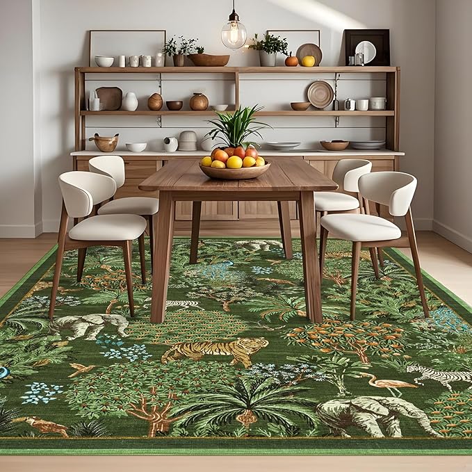 GarveeHome Jungle Washable Rug 9x12 Area Rugs for Living Room Bedroom, Animal Print Rug Non Slip Low Pile Forest Stain Resistance Large Throw Carpet for Dining Room Kids Playroom Nursery, Dark Green