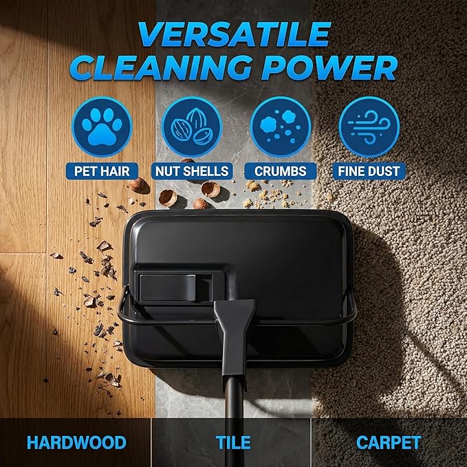 Manual Carpet Sweeper, Electric-Free Quiet Floor Sweeper with 300ml Easy-Empty Dustbin, 6.7” Cleaning Width for Pet Hair, Crumbs, Dust on Carpets, Hardwood, Tile - Home & Office Use (Black)