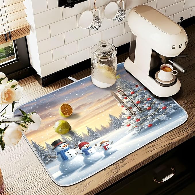 Christmas Tree and Snowman Dish Drying Mat for Kitchen Counter Absorbent Microfiber Small Winter Snowflakes Drying Pad Dish Mats for Kitchen Countertops 16 x 18 Inch
