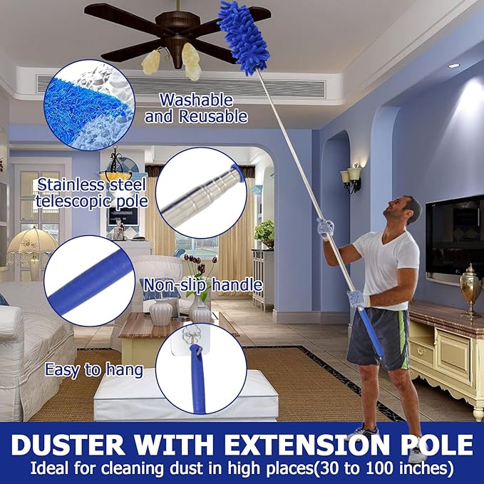 Ceiling Fan Cleaner Duster Set, Dusters with Extension Pole Reusable, Microfiber Ceiling Fan Blade Cleaner, Suitable for Cleaning Wall Blinds Door Furniture Bookshelves (Blue)