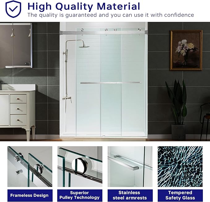 Woodbridge Frameless Shower Doors 56-60" Width x 76" Height with 5/16"(8mm) Clear Tempered Glass, 2 Ways Opening & Double Sliding in Polished Chrome Finish