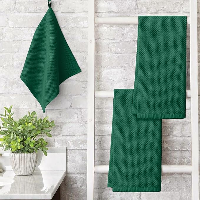 Artoid Mode 100% Cotton Dark Green Waffle Weave Kitchen Dish Cloths, 13x28 Inch Ultra Soft Absorbent Quick Drying Kitchen Dish Towels Set of 4
