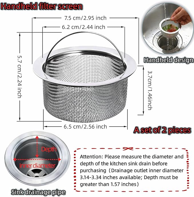 Stainless Steel Kitchen Sink Strainer - Deep Cup Basket Design, 2-Pack, Upgraded Double-Layer Safety, Large Food Catcher, Fits Most Standard Drains (3.14"-3.34" Inner Dia), Rustproof, Easy to Clean