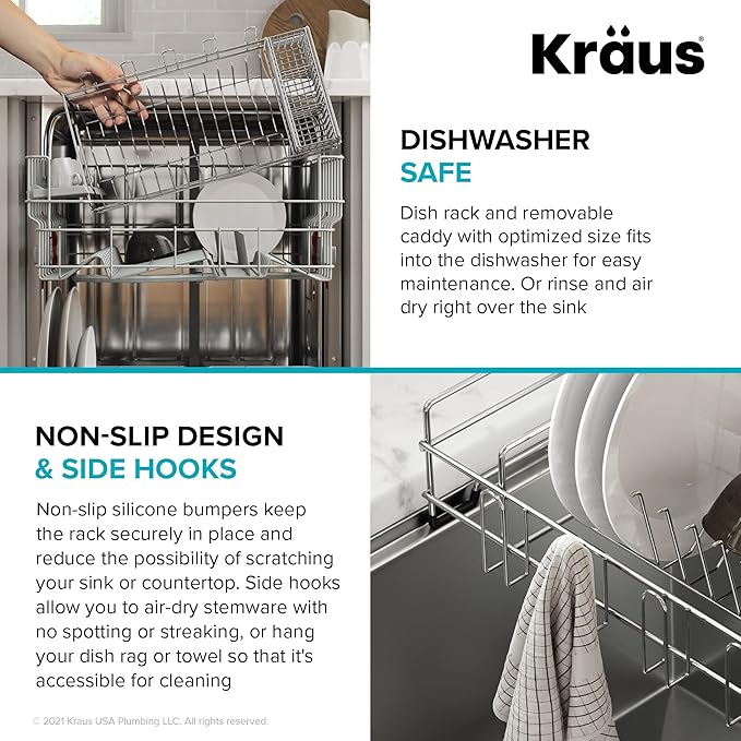 Kraus Workstation Kitchen Sink Dish Drying Rack Drainer and Utensil Holder, 17" L x 9" W, Stainless Steel, KDR-3