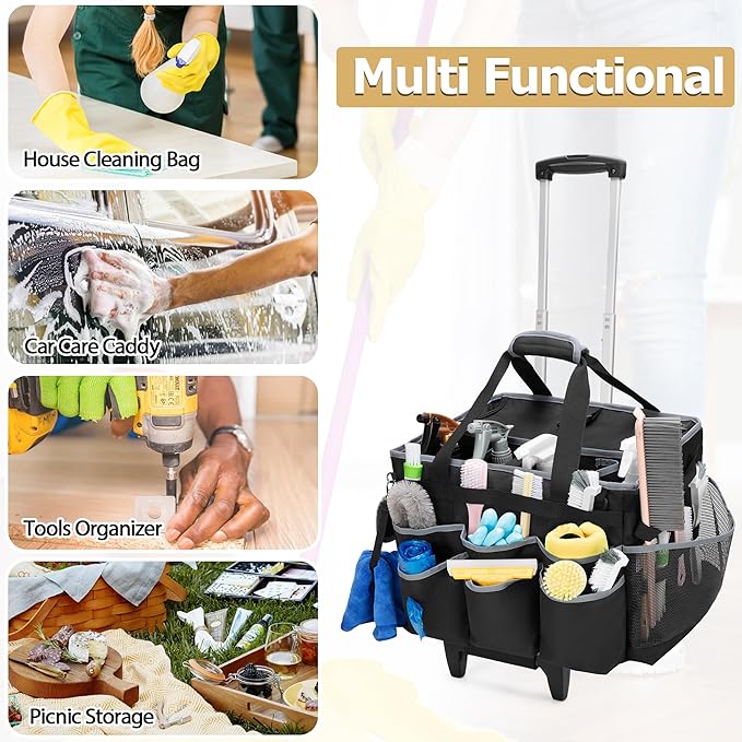 Large Cleaning Caddy with Detachable Trolley & Shoulder Strap, Cleaning Supplies Bag with Handles & Support Plates, Cleaning Product Rolling Organizer for Car Wash and Housekeeping