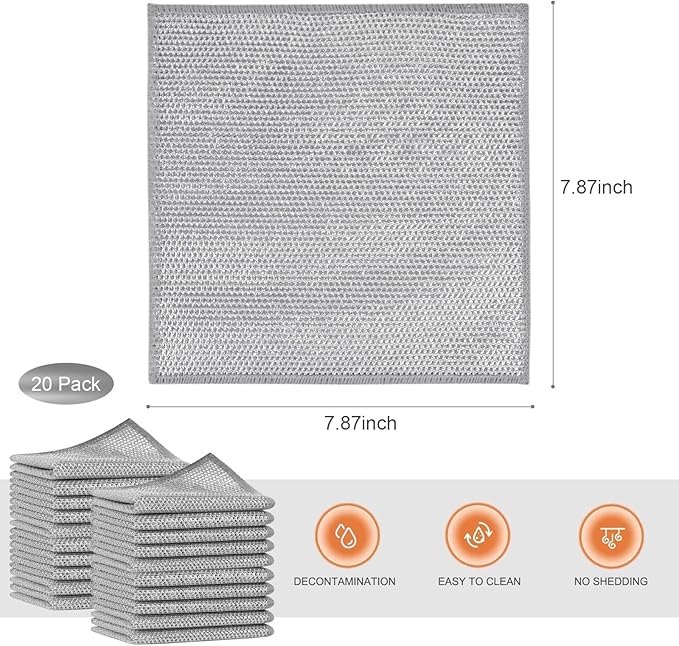 SINLAND Silver Mesh Dish Cloths Wire Dish Washing Rags Magic Cleaning Cloths Stainless Steel Metal Cloth for Dishes Sinks Counters Stove Tops Easy Rinsing 7.87x7.87 Inch 20 Pack