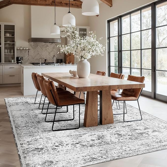 Area Rugs 6x9, Washable Rugs for Living Room, Bedroom, Gery Rug, Vintage Boho Indoor Soft Carpet for Dining Room, Low Pile Rugs for Office, Farmhouse