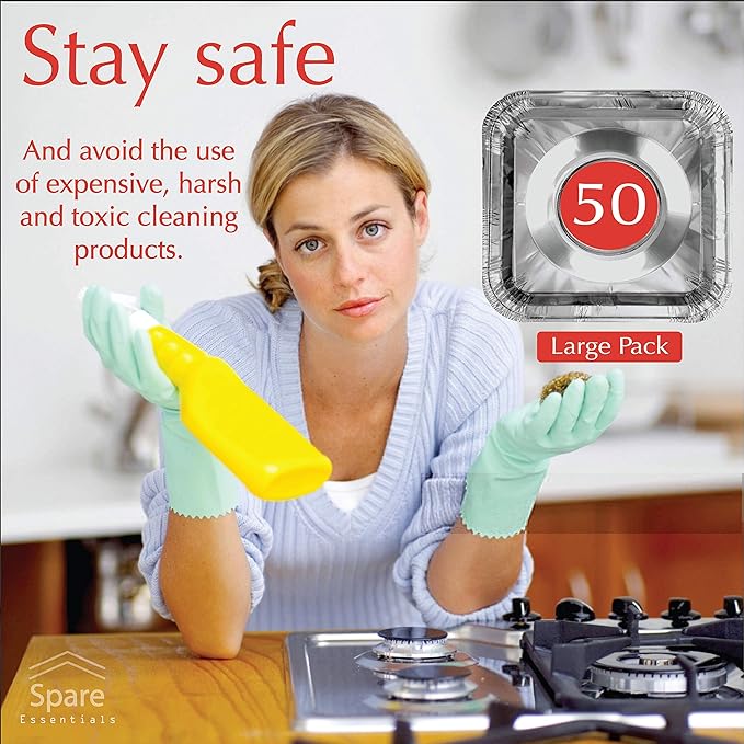 Disposable Gas Burner Liners 50 Pack, Aluminum Foil Square Stove Covers, Range Protectors, Stove Top Foil Covers for Gas Burners, Catch Food Spills, Aluminum Stove Burner Cover, Foil Liner 8.5x8.5 In