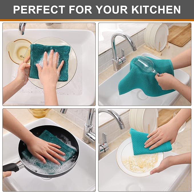 Kitinjoy 100% Cotton Kitchen Dish Cloths (12 X 12 Inches, Teal), 12 Pack Waffle Weave Ultra Soft Absorbent Dish Towels for Drying Dishes Quick Drying Kitchen Towels Dish Rags