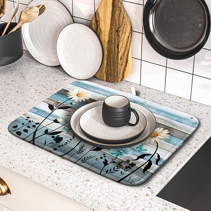 Blue White Daisy Floral Dish Drying Mat for Kitchen Counter,Sprinng Rustic Wood Drying Mat 16 x18 Inch with Absorbent Reversible Microfiber Drying Pad for Coffee Bar