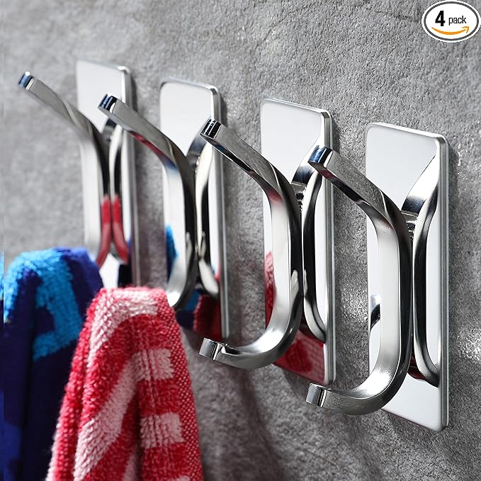 YIGII Adhesive Hooks -4 Packs Wall Hooks for Hanging Towels, Clothes, Robes Stick On Towel Hooks No Drill for Bathrooms Kitchen Stainless Steel
