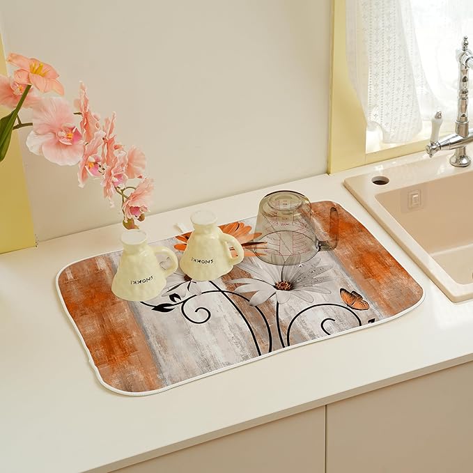 Floral Dish Drying Mat 18x24 Inches For Kitchen Counter Orange Daisy Flower Kitchen Decoration Drying Mat Modern Decorative Drying Pad For Home Kitchen Decor,Dining Room,Office Decor