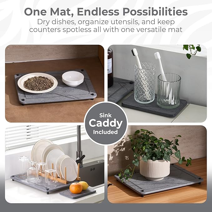 Stone Drying Mat for Kitchen Counter + Sink Caddy | 15.7"x11.8" Diatomaceous Earth Drying Mat with Stainless Steel Feet | Heat Resistant to 450°F | Eco-Friendly & Multipurpose Drying Mat