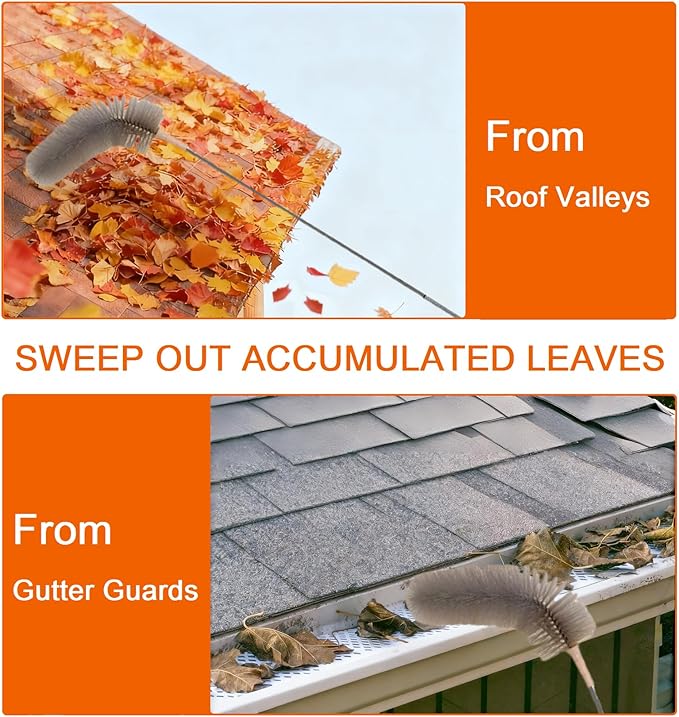8FT Long Gutter Guard Cleaner, 2 in 1 Cobweb Duster with Extension Pole,Medium Stiff Bristles Ceiling Fan Brush,Good to Remove Leaves Off the Roof/Gutter Guard, Spider Webs Under the Eave/Rafter, Gray