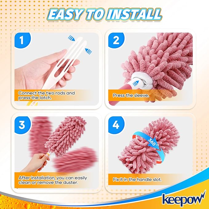 KEEPOW 6 Pack Pink Duster Refills Compatible with Swiffer Duster Handle, Reusable Microfiber Pads Compatible with Swiffer Heavy Duty Dusters, 360 Dusting for Cleaning Window(Handle is Not Included)