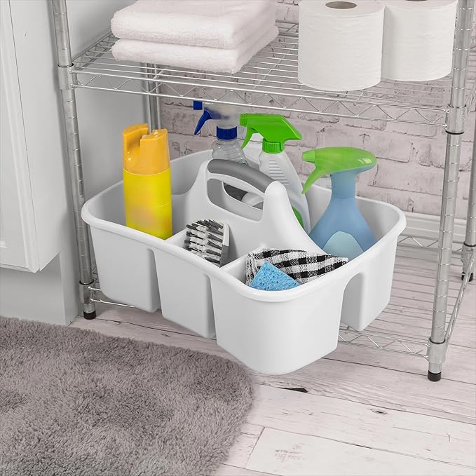 Large Divided Cleaning Caddy with 4 Compartments & Handle, 17.75" Plastic Utility Tote for Cleaning Supplies Under Sink, Bathroom & Garage Organization, White