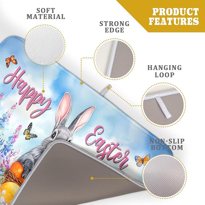 Khope Happy Easter Dish Drying Mat for Kitchen Counter 18x24 Inch Bunny Eggs Butterfly Flowers Reusable Washable Farmhouse Flower Drying Pad Countertop Home Decor