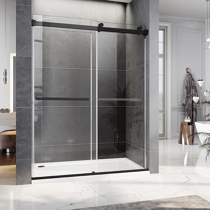 Frameless Sliding Shower Door, 56-60" W x 76" H Glass Shower Door with 5/16" (8mm) Clear Tempered Safety Glass, Stainless Steel Hardware, Double Sliding Shower Door, Matte Black