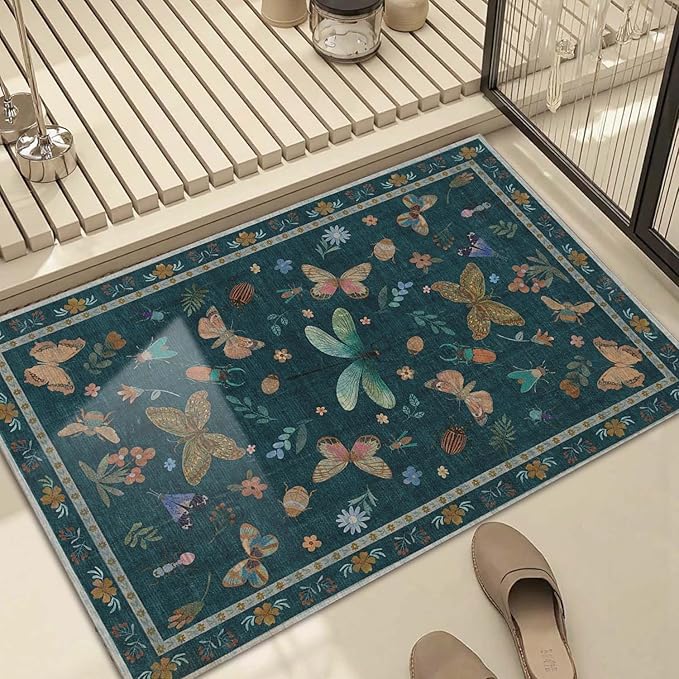 2x3 Washable Rug,Small Door Mat Floral Entryway Rug, Boho Front Door Mat, Bath Rug,Non Slip Area Rugs, Low Pile Throw Accent Carpet for Indoor Entrance, Bathroom and Kitchen(Teal 2x3ft)