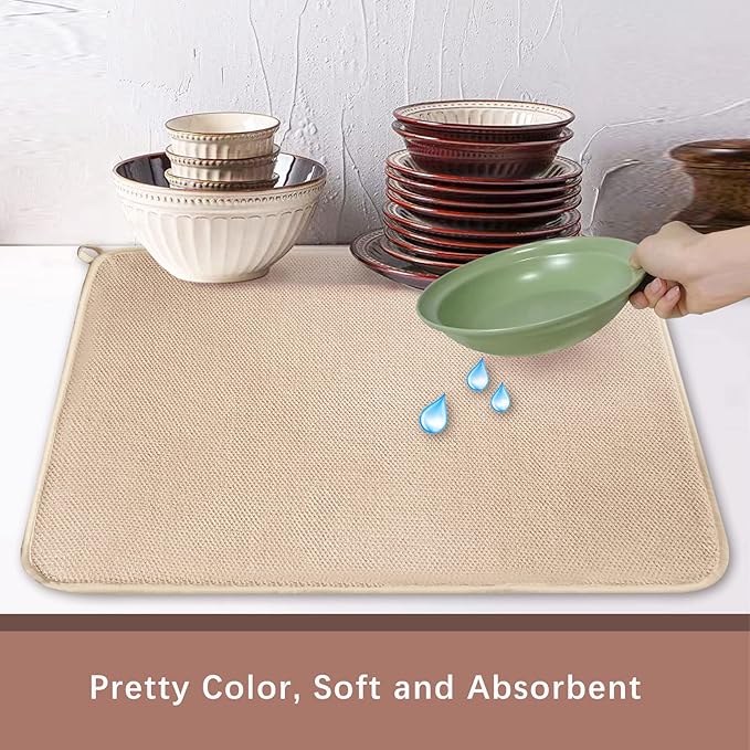Dish Drying Mats for Kitchen Counter, 2 Pack Dish Drying Pads Dish Rack Mat Drying Pink Kitchen Mat (Beige-2)