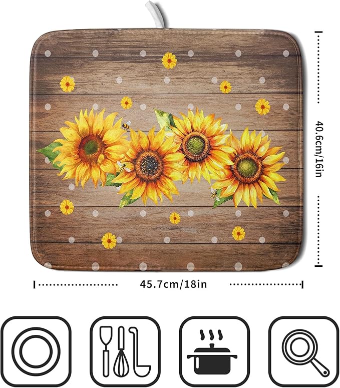 Summer Sunflower Bee Dish Drying Mat for Kitchen Counter,Rustic Yellow Flowers White Polka Dots Drying Mat 16 x 18 Inch with Absorbent Reversible Microfiber Drying Pad for Coffee Bar