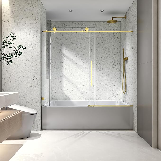 Favfurish Single Sliding Shower Door,55"-60" W x 63" H Frameless Shower Door with 5/16" (8mm) Thick SGCC Tempered Glass W/Adjustable Soft Closing,Bathroom Glass Door for Spa（Brushed Gold）