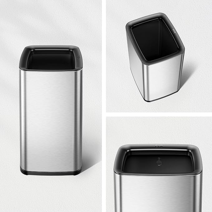 EKO Laguna 2.6 Gallon/10L Open Top Trash Can - Modern Matte Stainless Steel Waste Bin with Removable Inner Basket for Bathroom, Bedroom, and Office Use