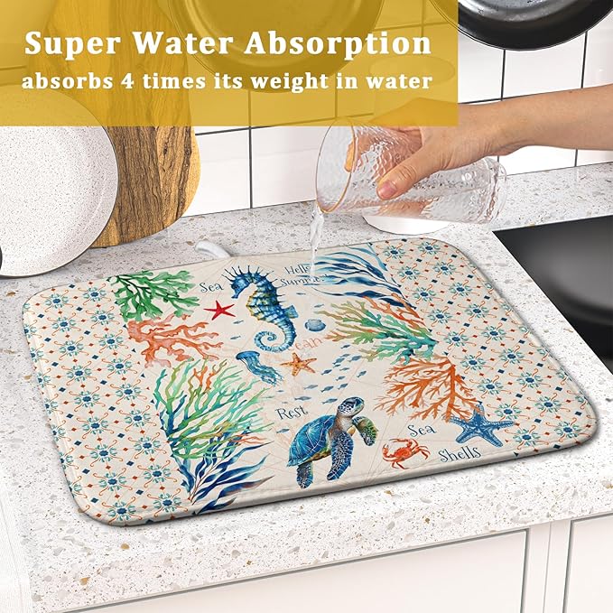 Giwawa Nautical Coastal Dish Drying Mat Sea Turtle Seahorse Dish Drainer Pad 16"x18" Microfiber Reversible Fast Dry Pad for Kitchen Counter Decor