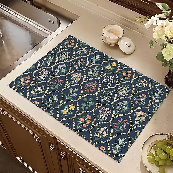Vintage Flowers Dish Drying Mat 18x24 inches Microfiber Absorbent Fast Dry Mat for Kitchen Counter Coffee Bar Boho Floral Large Drying Mat Kitchen Decor Gifts (Vintage Flowers, 18x24 inches)