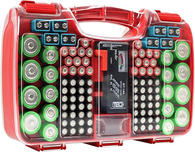 Battery Organizer Storage Case with Tester, Holds 180 Batteries, Clear Hinged Cover, Locking Lid - For AA, AAA, C, D and More, Red