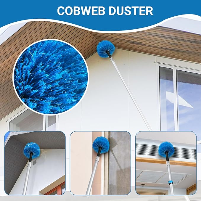 20 Feet High-Reach Cobweb Duster,Spider Web Brush & Ceiling Cleaning Kit with 5-12 feet Extendable Pole Heavy-Duty Duster for High Ceilings, Fan and Corner(Telescopic Iron Rod)